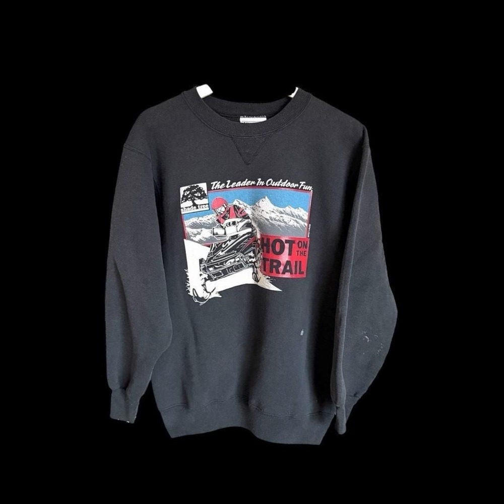 Vintage 80s Snowmobile Hot On Trail Distressed Sweatshirt Large Black Faded
